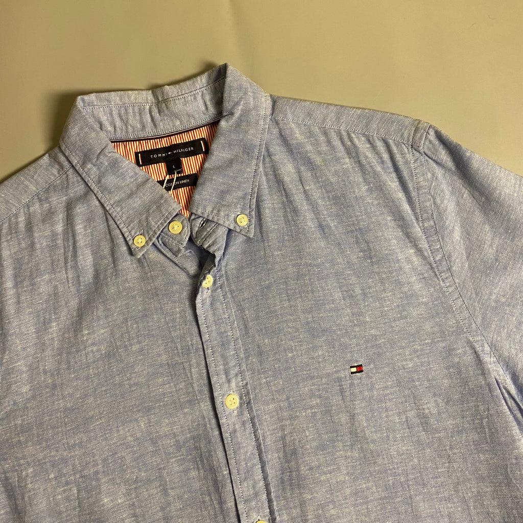 Tommy Hilfiger short sleeve linen blend button-down shirt (Light blue)