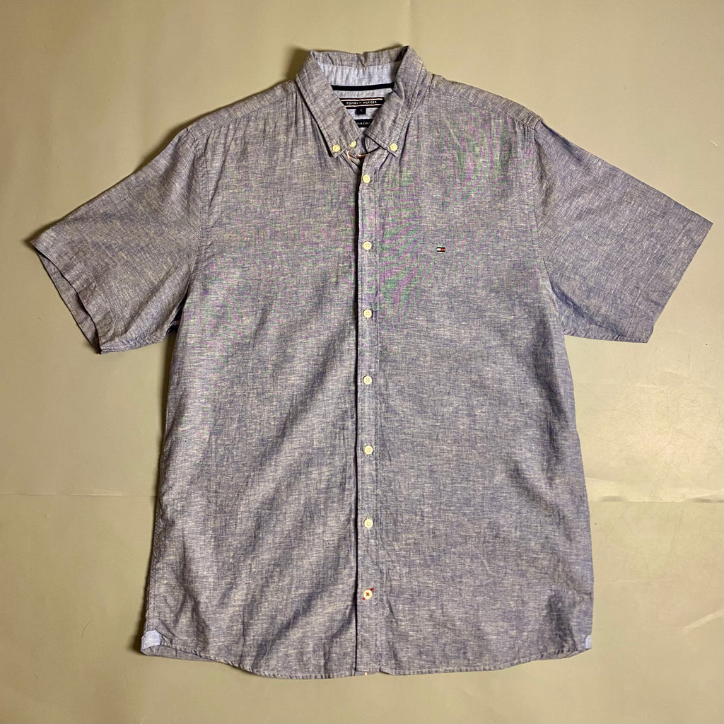 Tommy Hilfiger short sleeve linen blend button-down shirt (Blue)