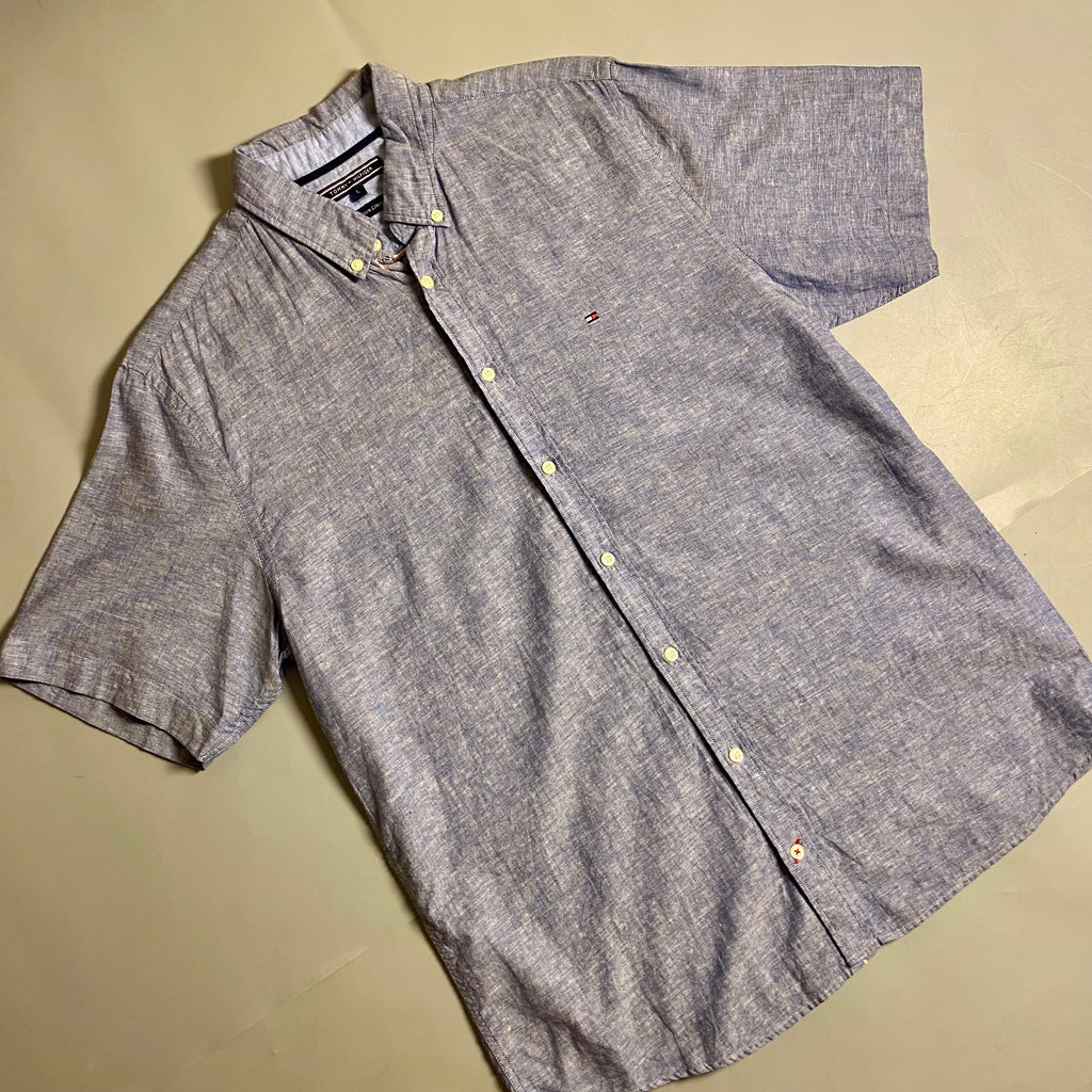 Tommy Hilfiger short sleeve linen blend button-down shirt (Blue)