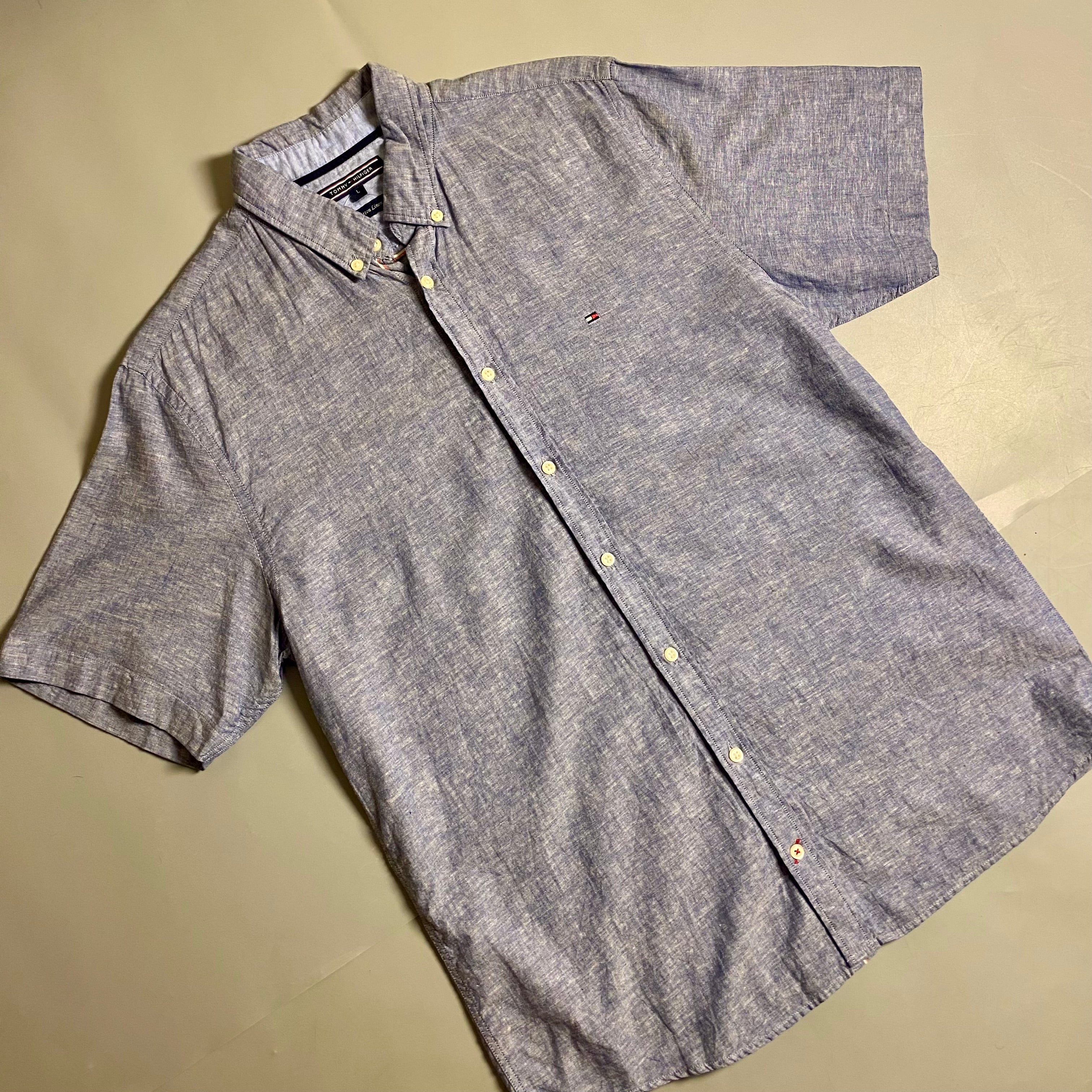 Tommy Hilfiger short sleeve linen blend button-down shirt (Blue)