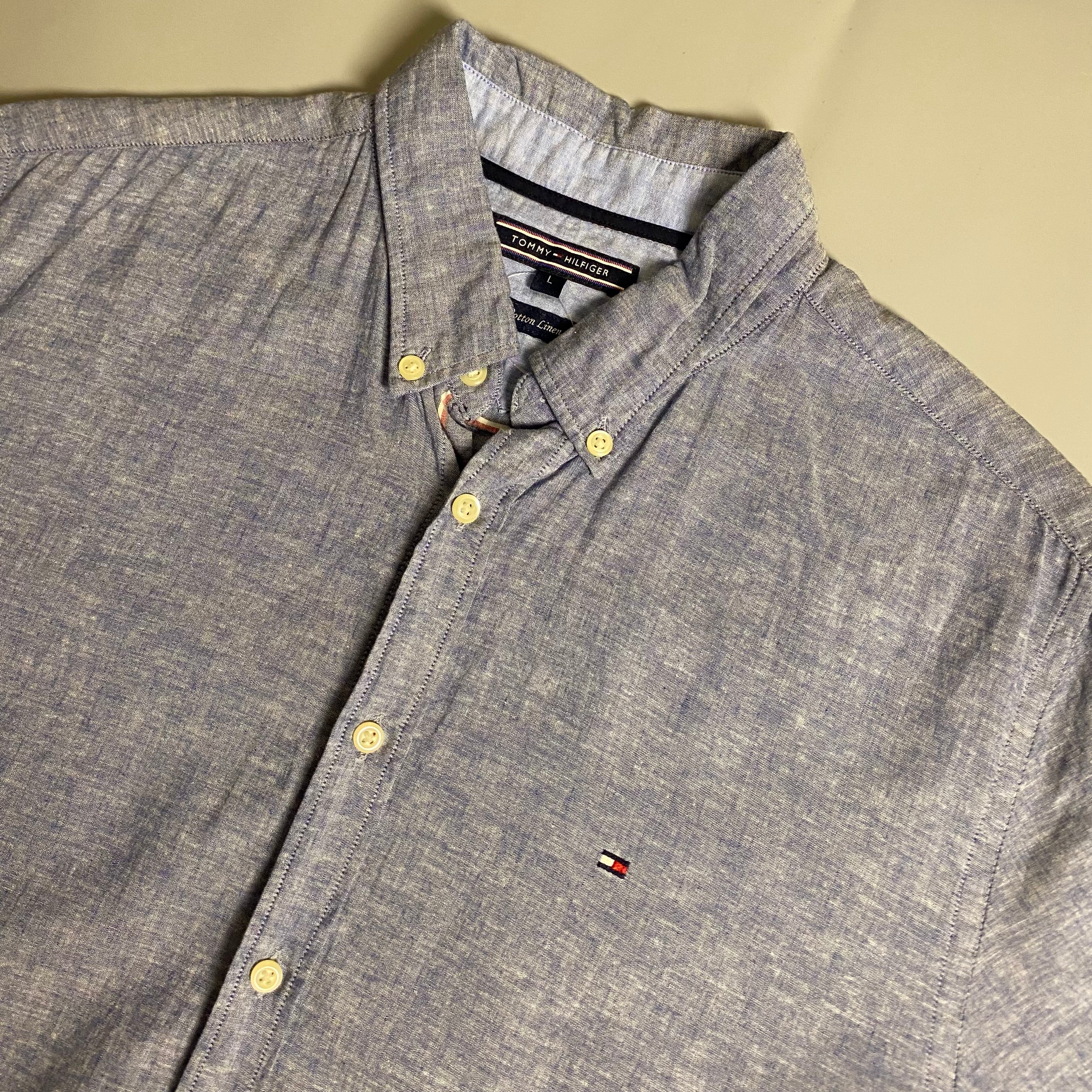 Tommy Hilfiger short sleeve linen blend button-down shirt (Blue)
