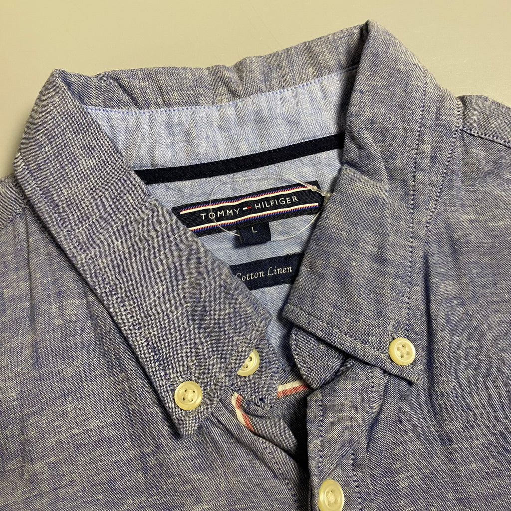 Tommy Hilfiger short sleeve linen blend button-down shirt (Blue)