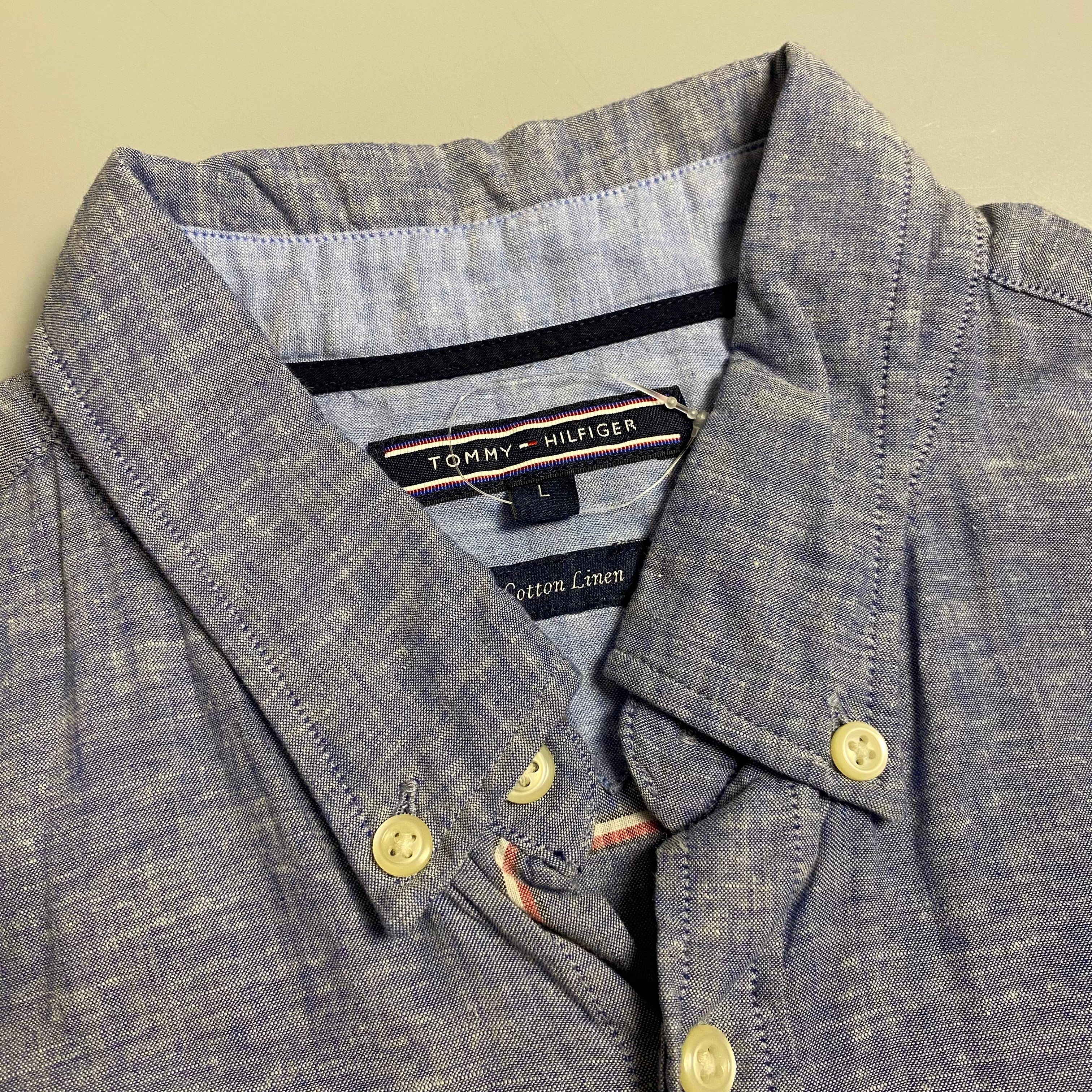 Tommy Hilfiger short sleeve linen blend button-down shirt (Blue)