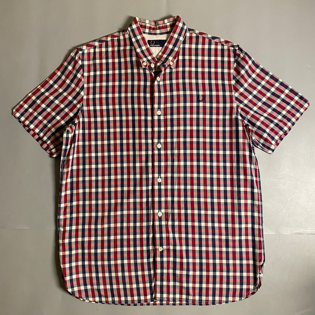 Fred Perry herringbone gingham shirt in a red and blue colorway
