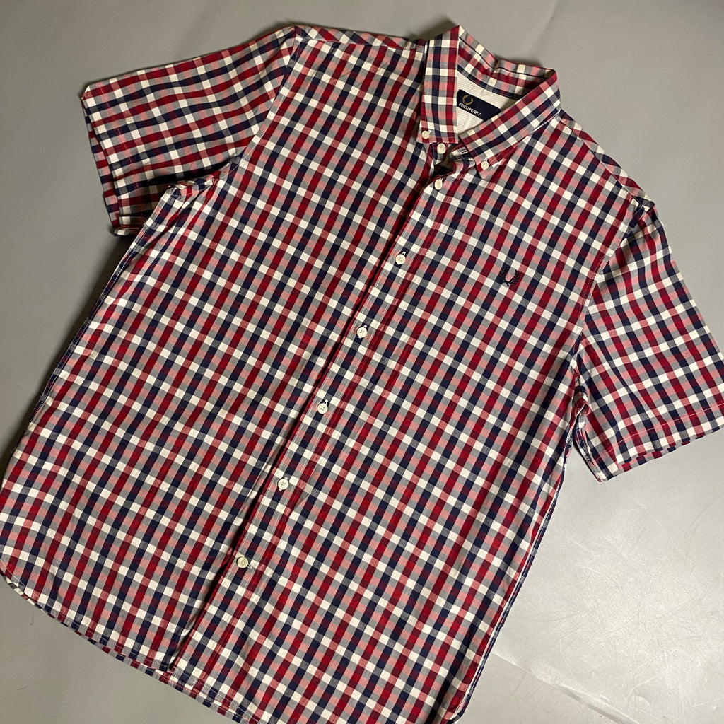 Fred Perry herringbone gingham shirt in a red and blue colorway