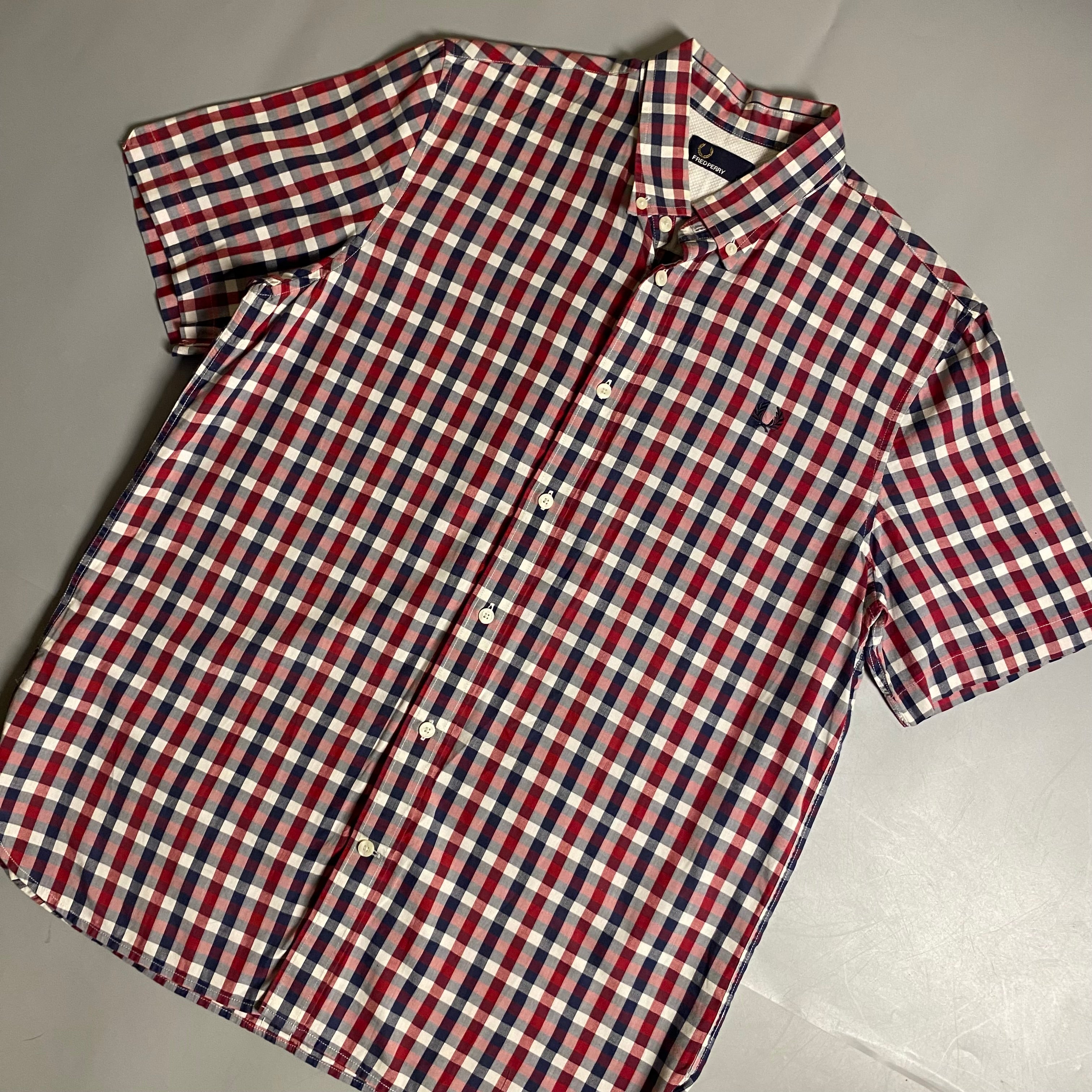 Fred Perry herringbone gingham shirt in a red and blue colorway