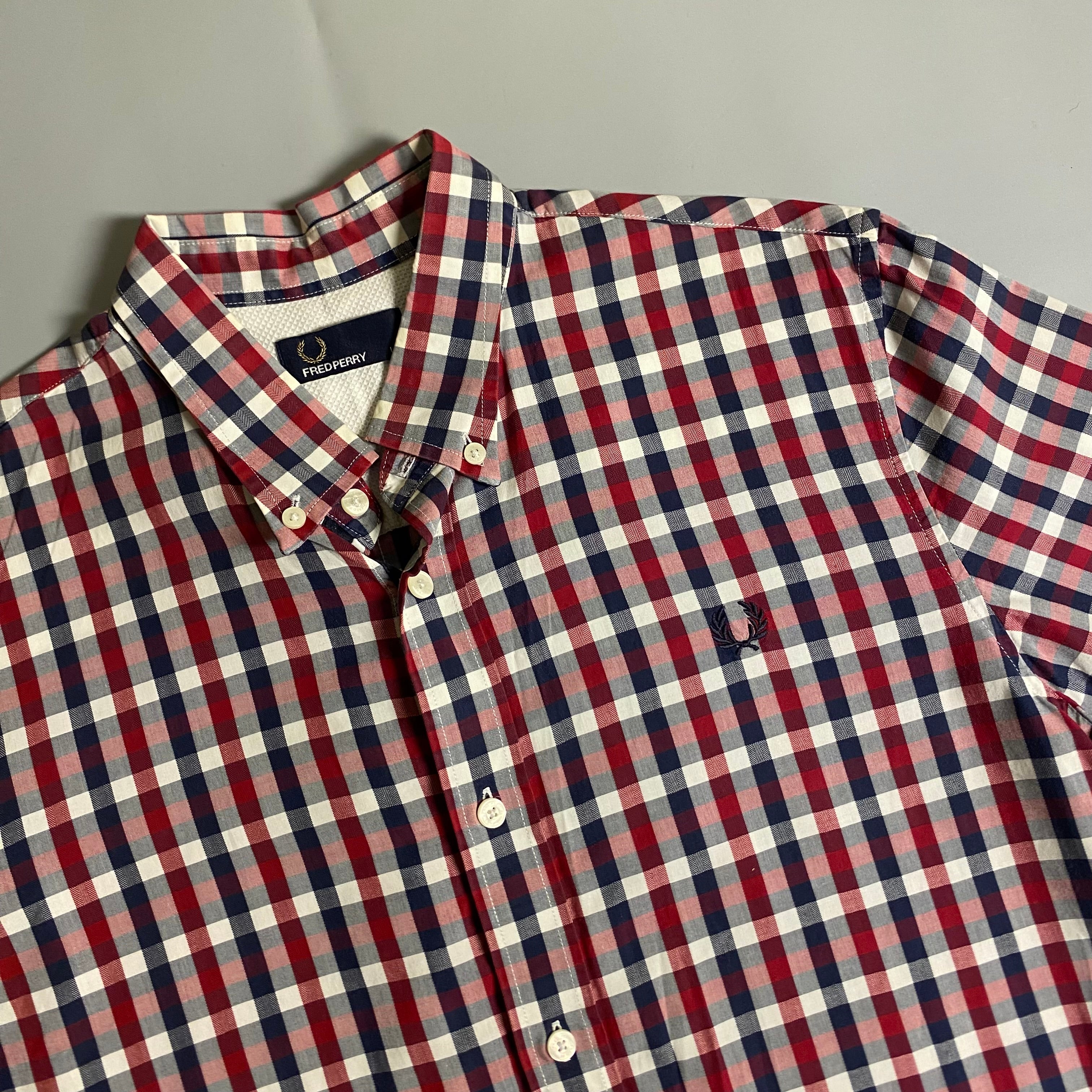 Fred Perry herringbone gingham shirt in a red and blue colorway