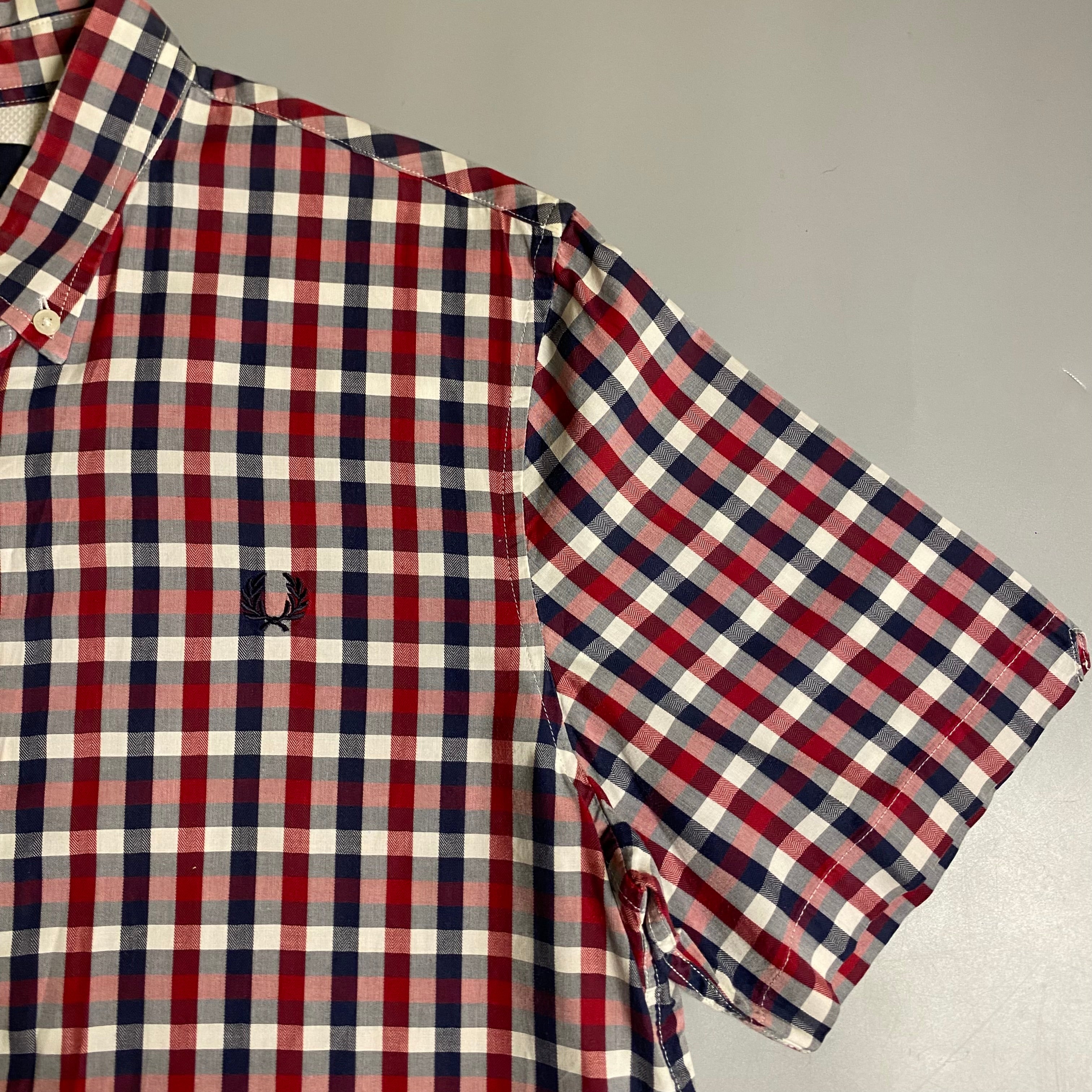 Fred Perry herringbone gingham shirt in a red and blue colorway