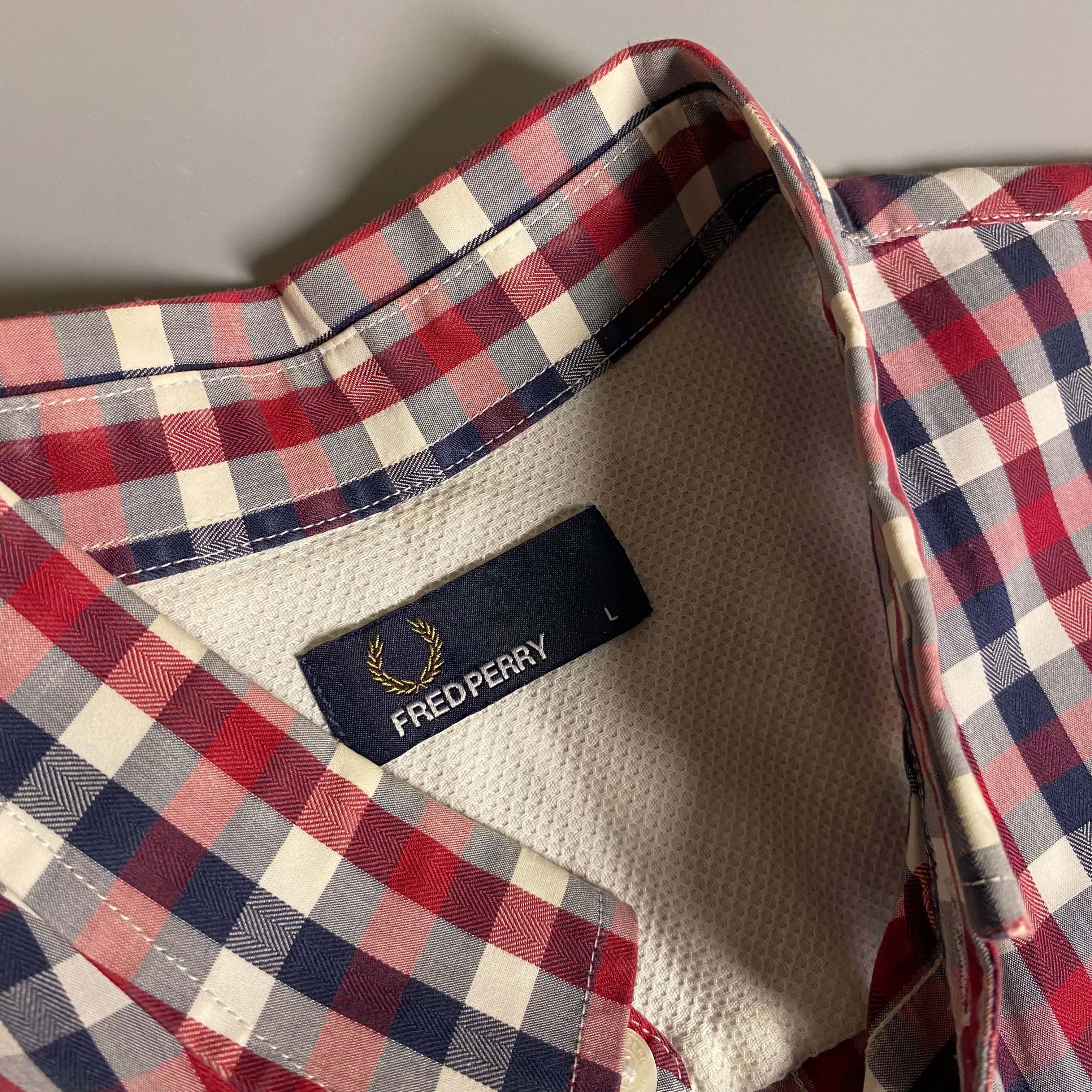 Fred Perry herringbone gingham shirt in a red and blue colorway