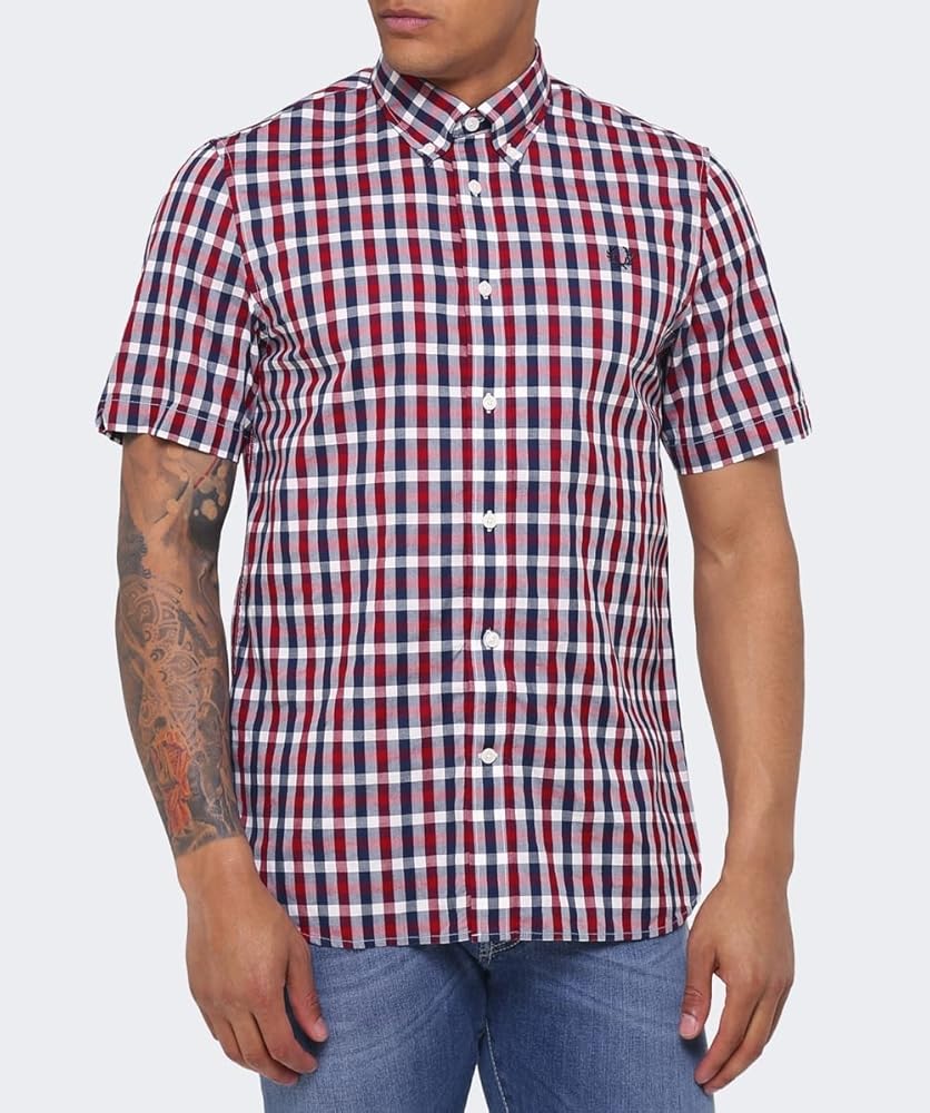Fred Perry herringbone gingham shirt in a red and blue colorway