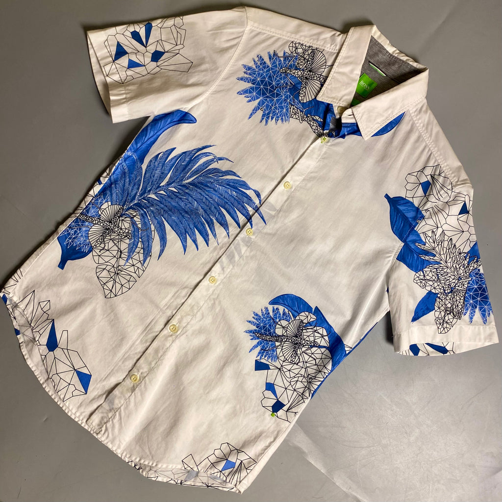 Hugo Boss floral abstract slim fit shirt in white and blue