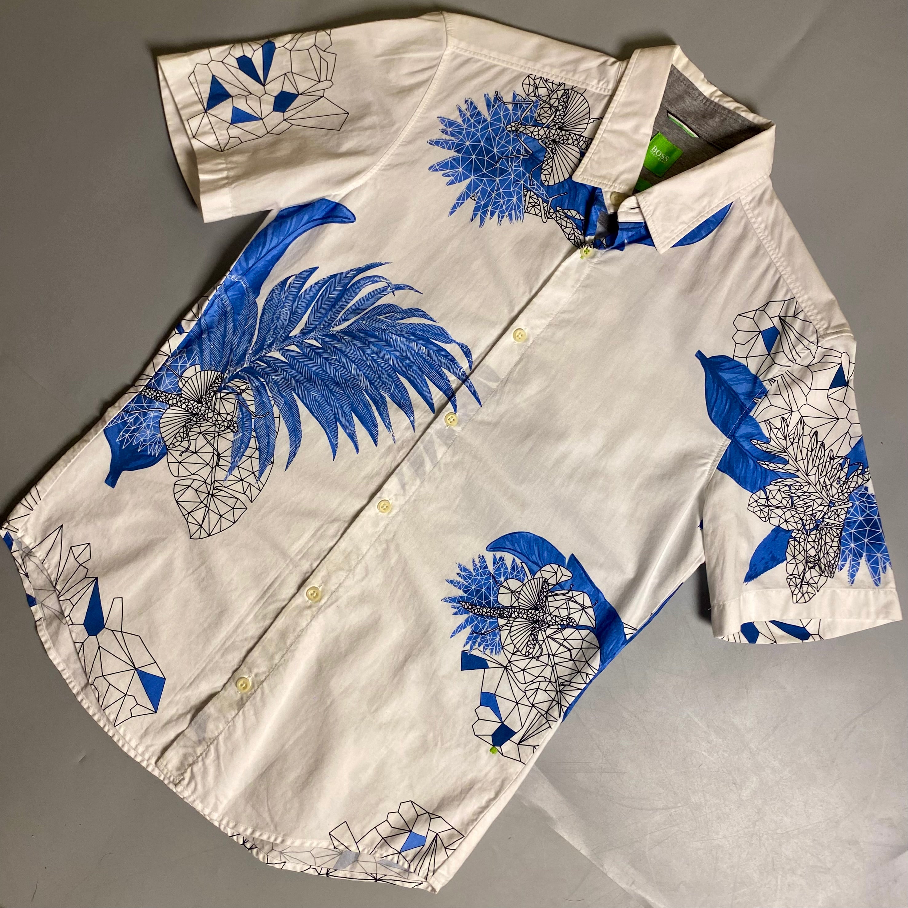 Hugo Boss floral abstract slim fit shirt in white and blue