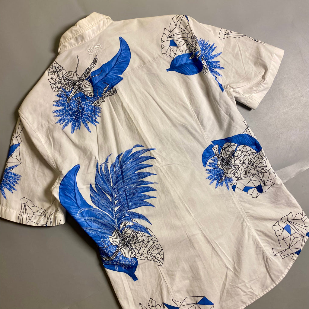 Hugo Boss floral abstract slim fit shirt in white and blue