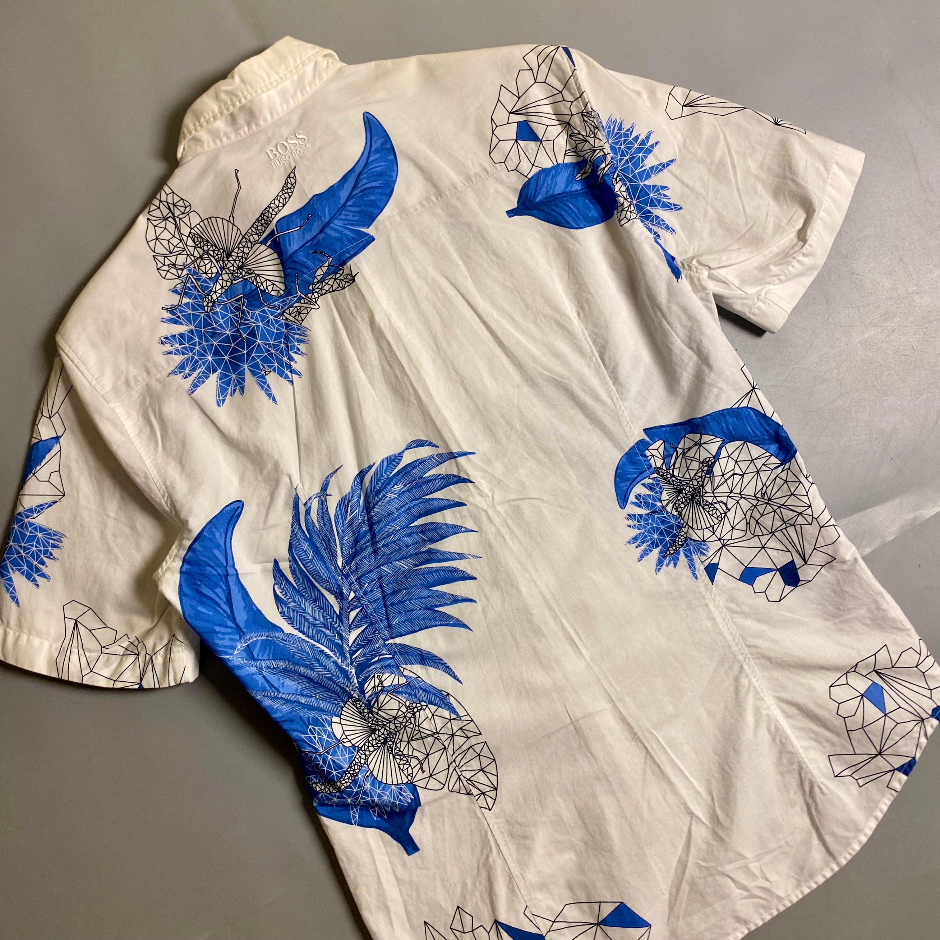 Hugo Boss floral abstract slim fit shirt in white and blue