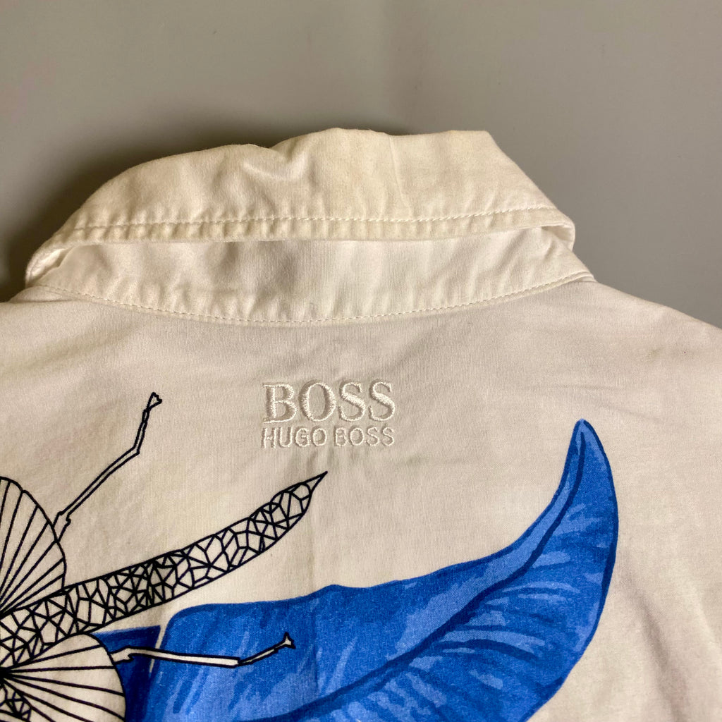Hugo Boss floral abstract slim fit shirt in white and blue