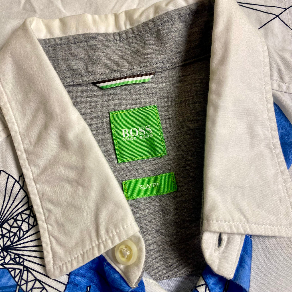 Hugo Boss floral abstract slim fit shirt in white and blue