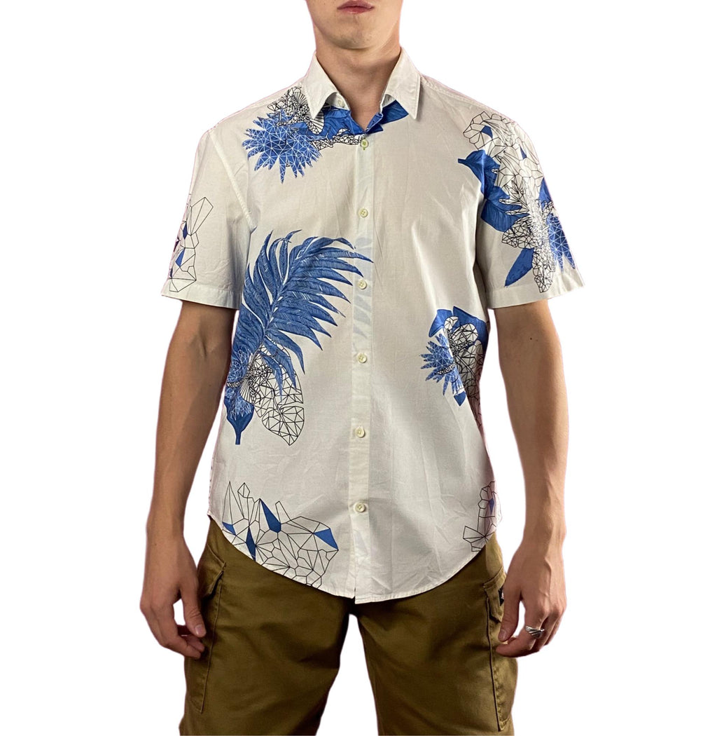Hugo Boss floral abstract slim fit shirt in white and blue