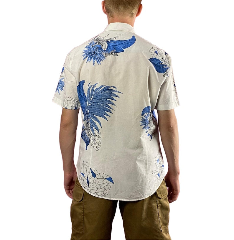 Hugo Boss floral abstract slim fit shirt in white and blue