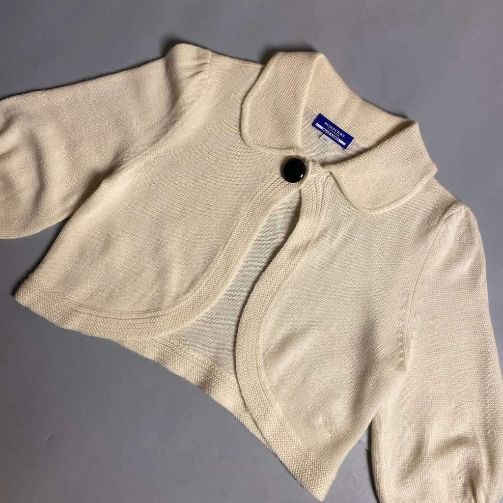 Burberry Blue Label cream knit cropped cardigan with a single button closure