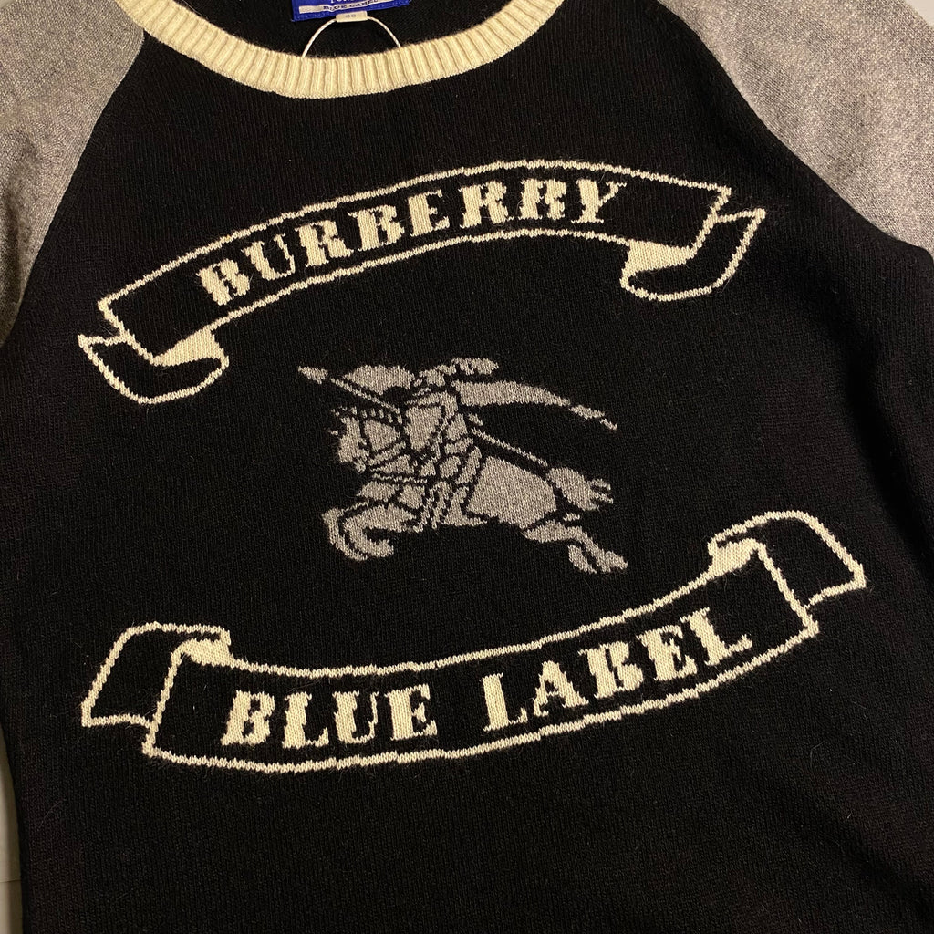 Burberry Blue Label cashmere blend knit sweater featuring an embroidered equestrian knight motif