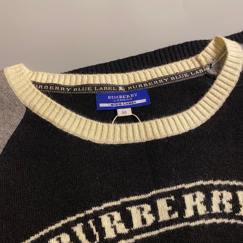 Burberry Blue Label cashmere blend knit sweater featuring an embroidered equestrian knight motif
